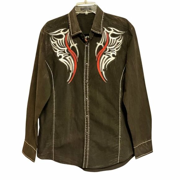 Toku Long Sleeve Button Down Embellished Western Shirt in Washed Brown XL - Picture 1 of 10